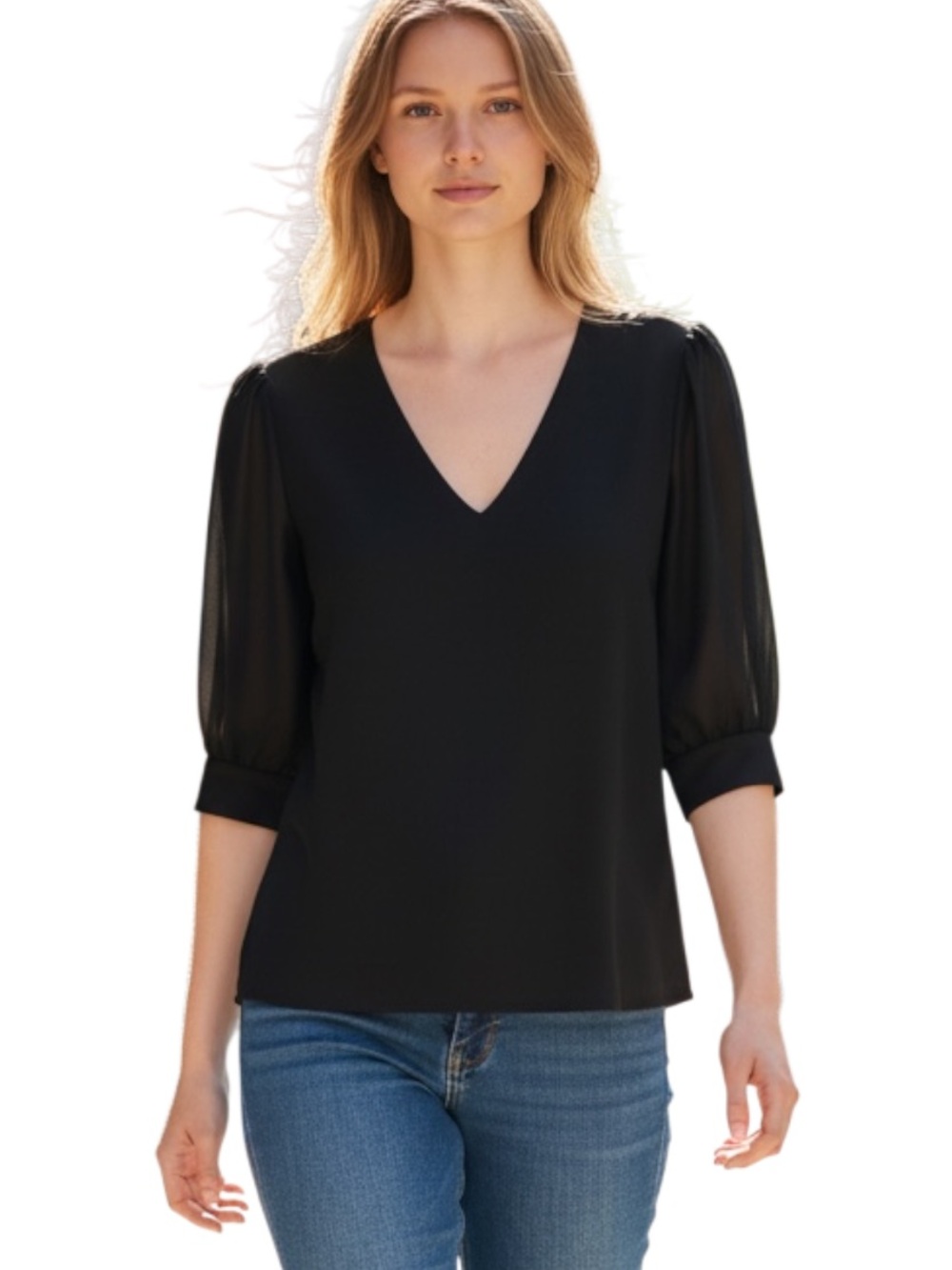 Calvin Klein Black V-Neck Sheer Puff Sleeve Blouse